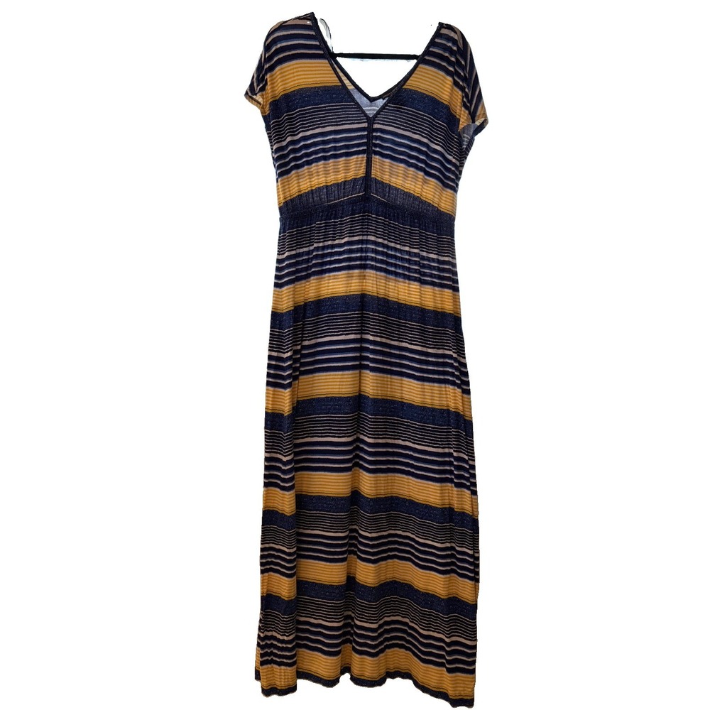 Chelsea & Theodore Short Sleeve Vneck Striped Maxi Dress XL Blue Yellow Stretch
